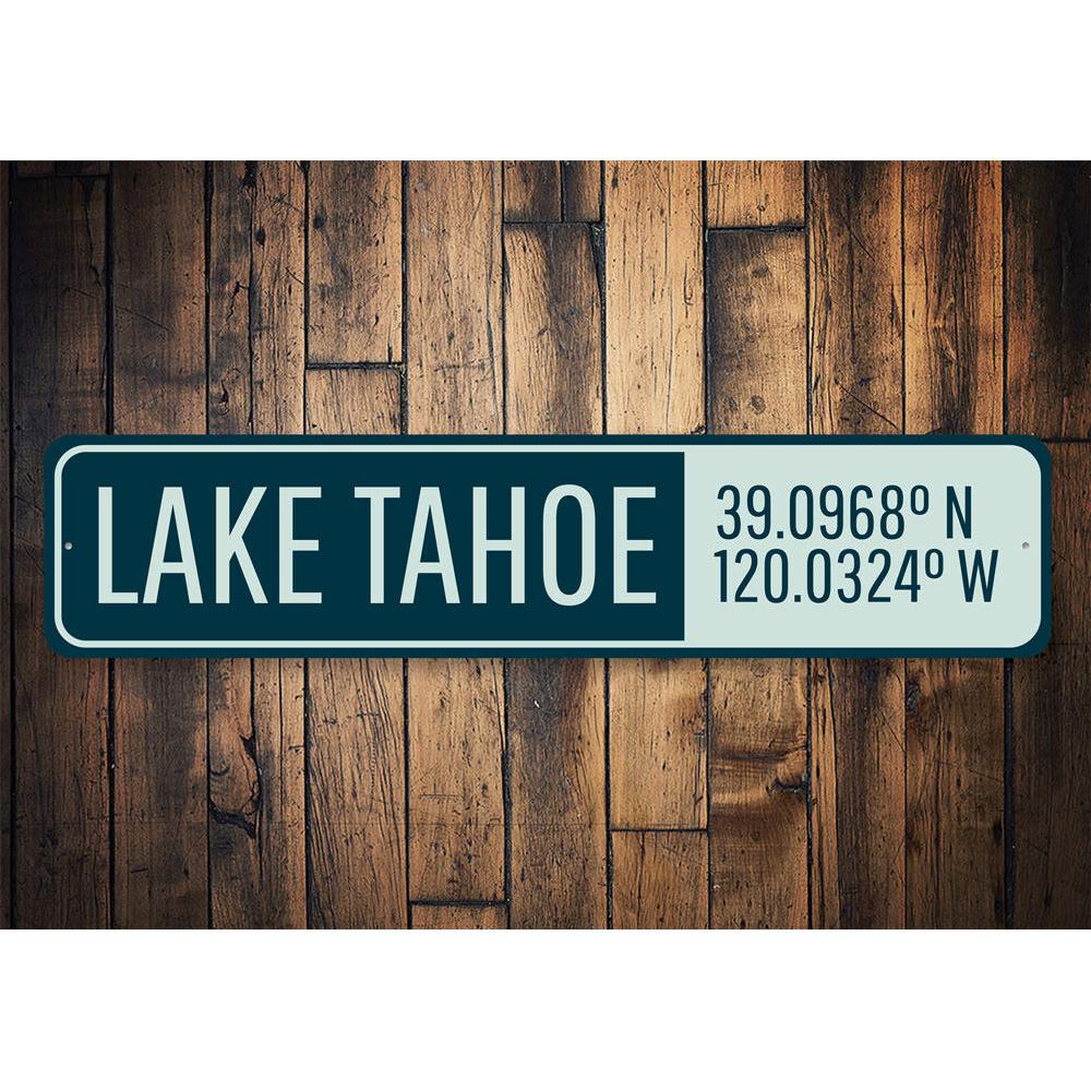 Custom Lake Tahoe Latitude Longitude Sign made of high-quality aluminum, featuring a beautiful design perfect for lakehouse decor.