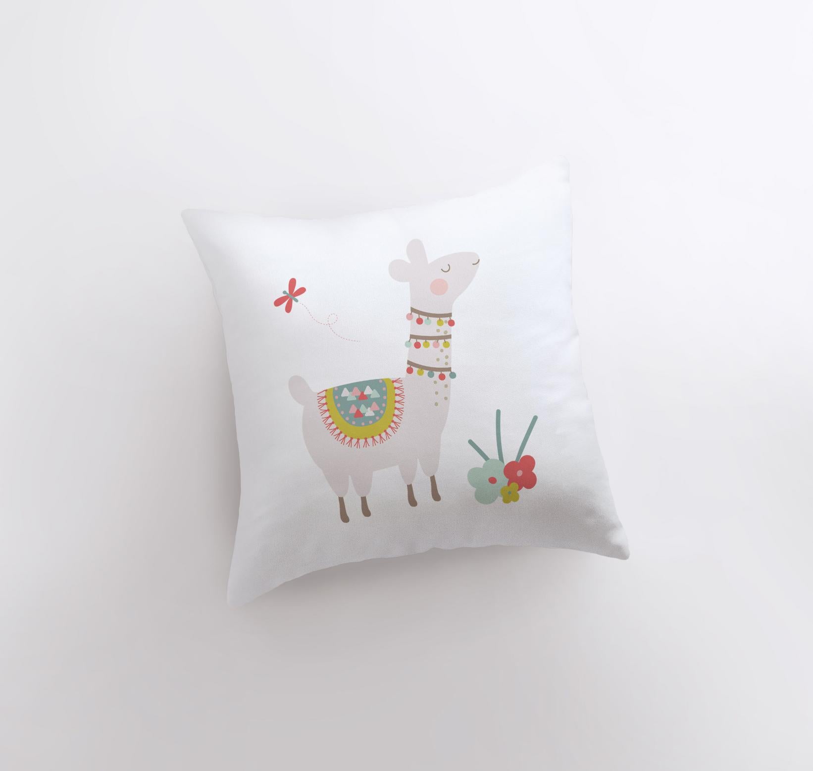 A charming Llama pillow cover featuring vibrant flowers on the front and a white back, showcasing a concealed zipper for easy use.