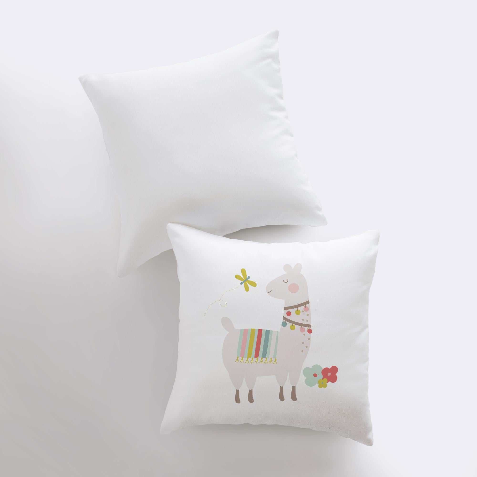 A charming throw pillow featuring a cute llama design with flowers and a necklace, showcasing vibrant colors on a soft fabric.