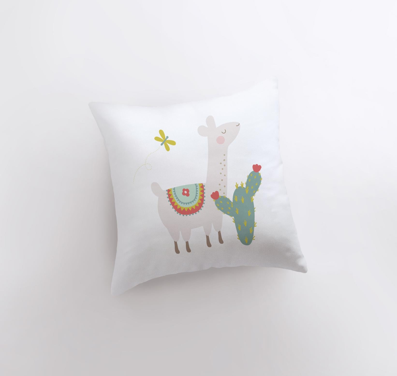 A charming Llama pillow featuring a green cactus design, handcrafted in America, showcasing a cute llama on the front and a white back.