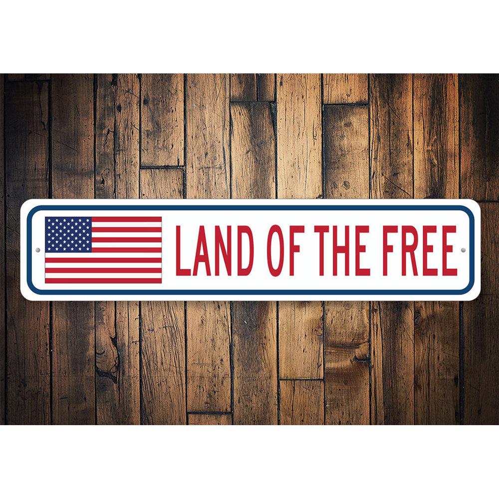 Land of the Free US American Flag Sign made of durable aluminum, featuring vibrant colors and customizable text options.