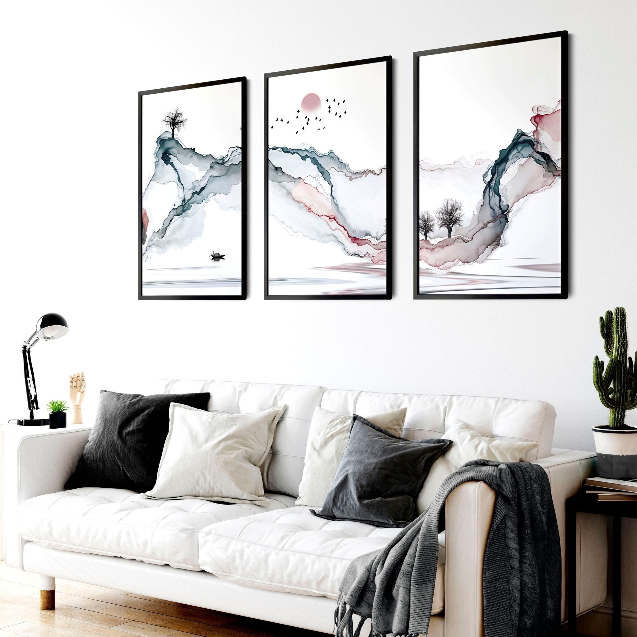 Set of 3 framed Japanese landscape art prints showcasing serene sunset scenes, perfect for home decor.