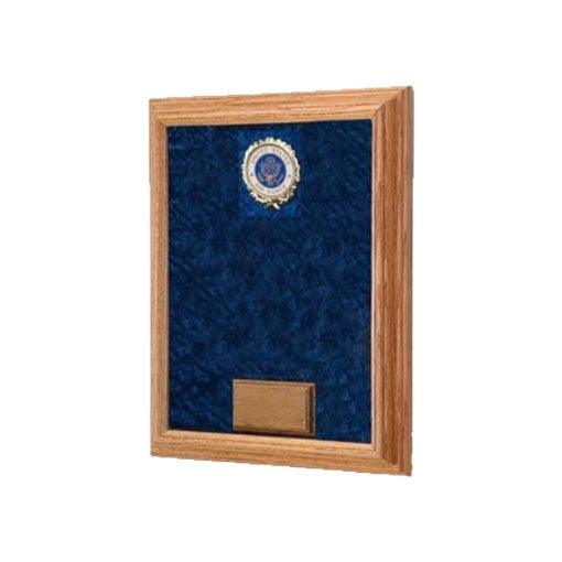 Large Deluxe Awards Display Case with solid hardwood frame and glass front, showcasing awards against a crushed velvet background.