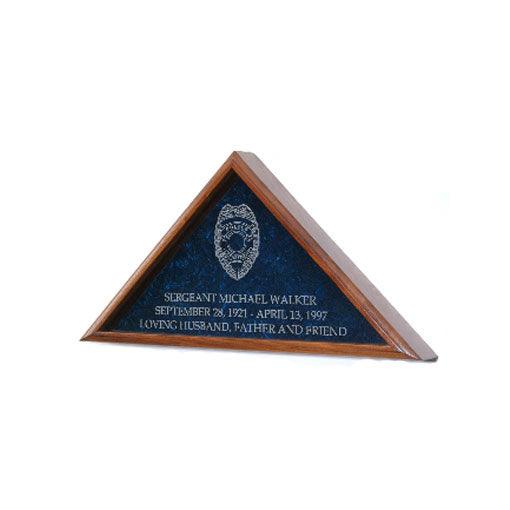Large Flag Display Case made of solid wood with engraved law enforcement emblem, showcasing a folded burial flag.