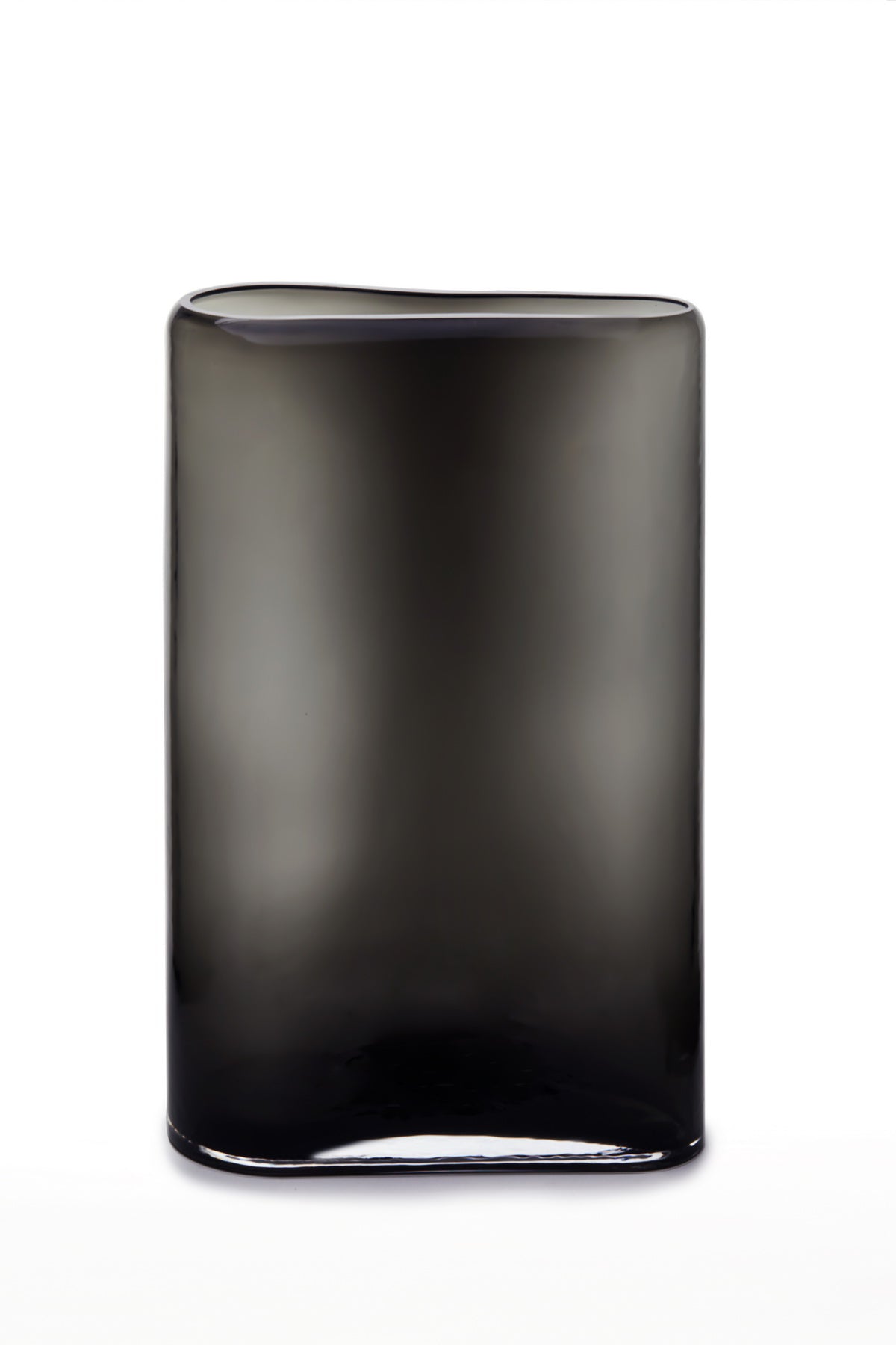 Large glass vase in asymmetric squircle shape, showcasing gray color and thick glass design.