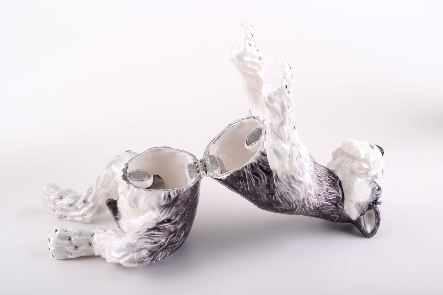 Large white and black dog trinket box, handmade with enamel and Austrian crystals, featuring 24K gold or 925 silver plating.