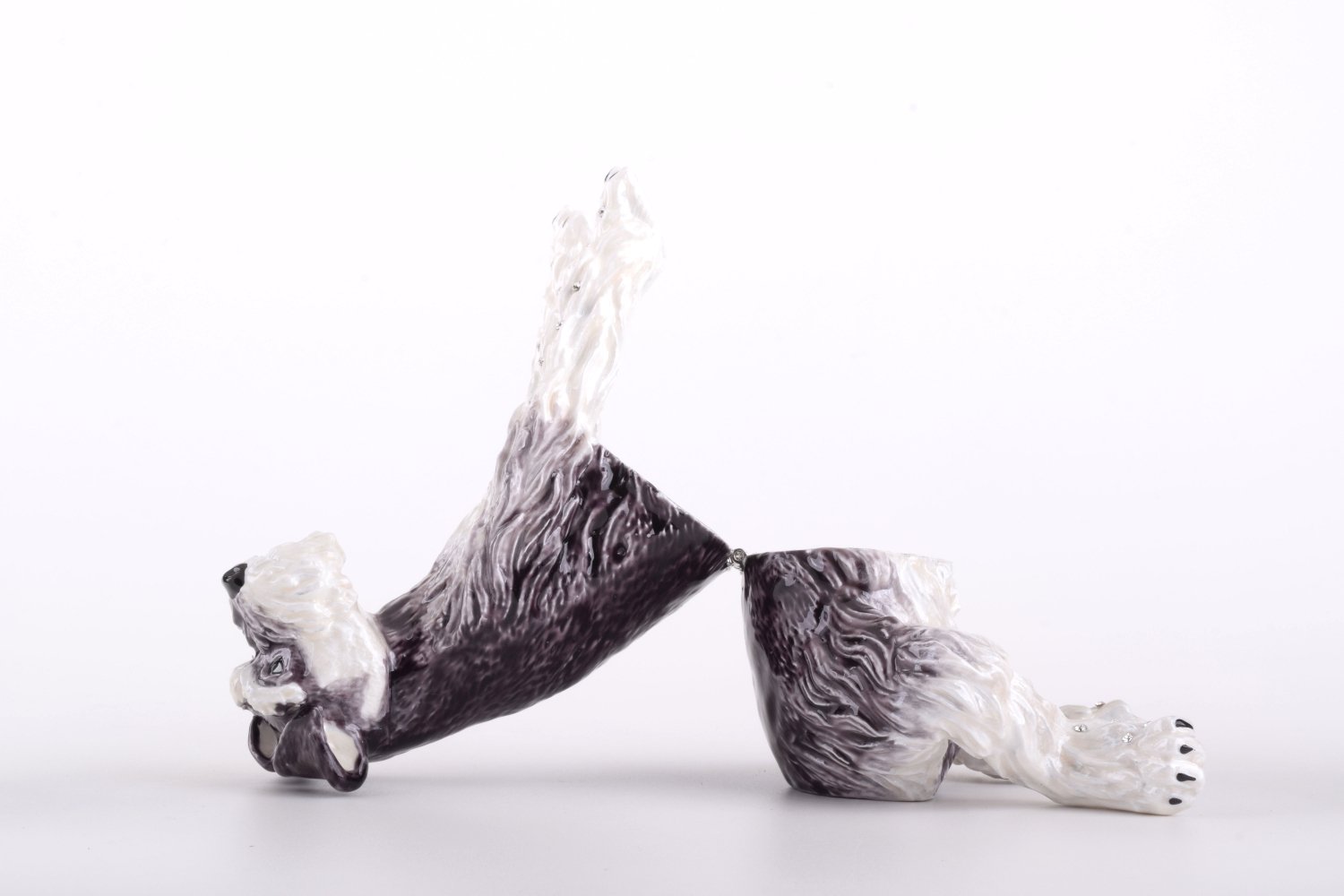 Large white and black dog trinket box, handmade with enamel and Austrian crystals, featuring 24K gold or 925 silver plating.