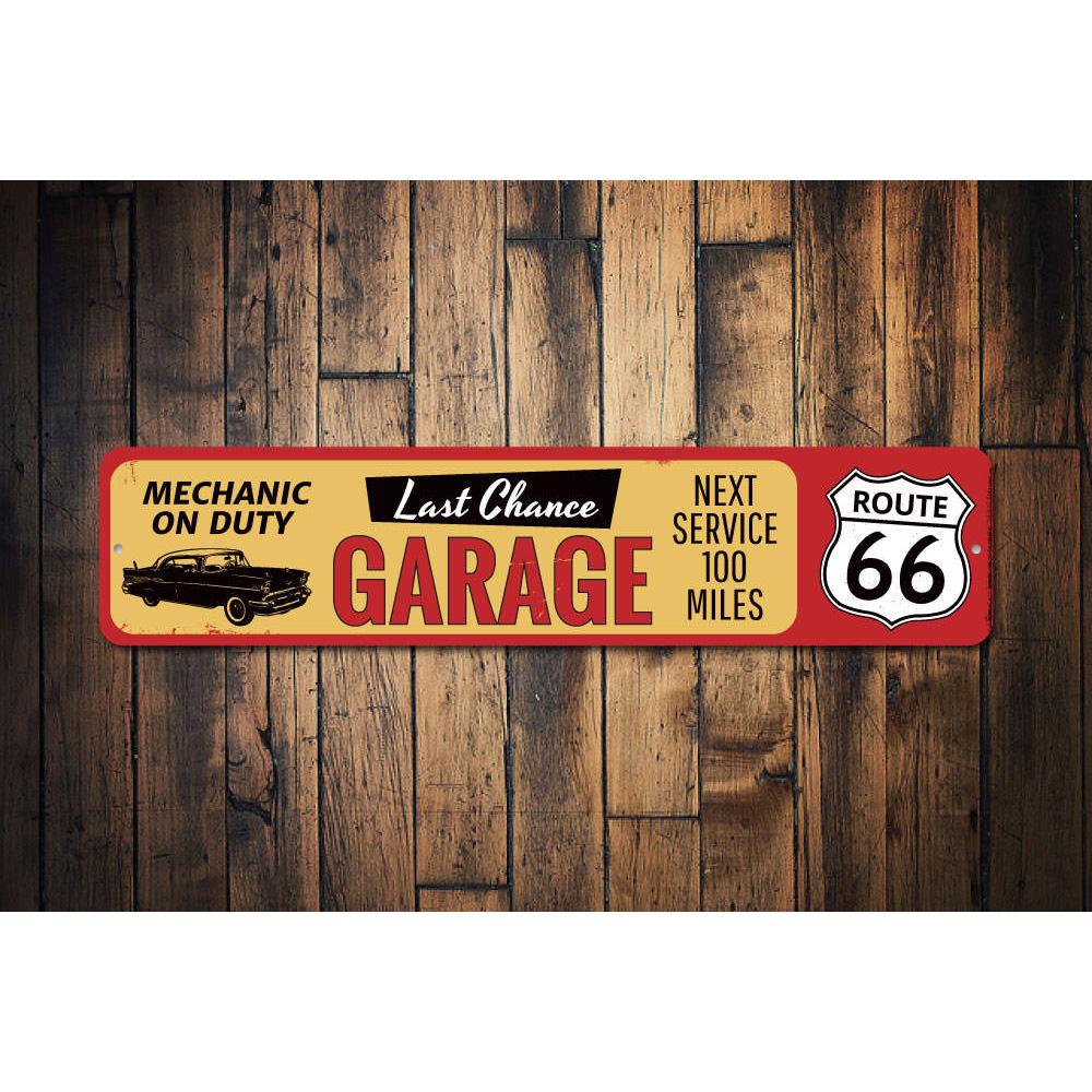 Last Chance Garage Route 66 Sign made of high-quality aluminum, featuring vibrant colors and customizable text options, perfect for home decor.