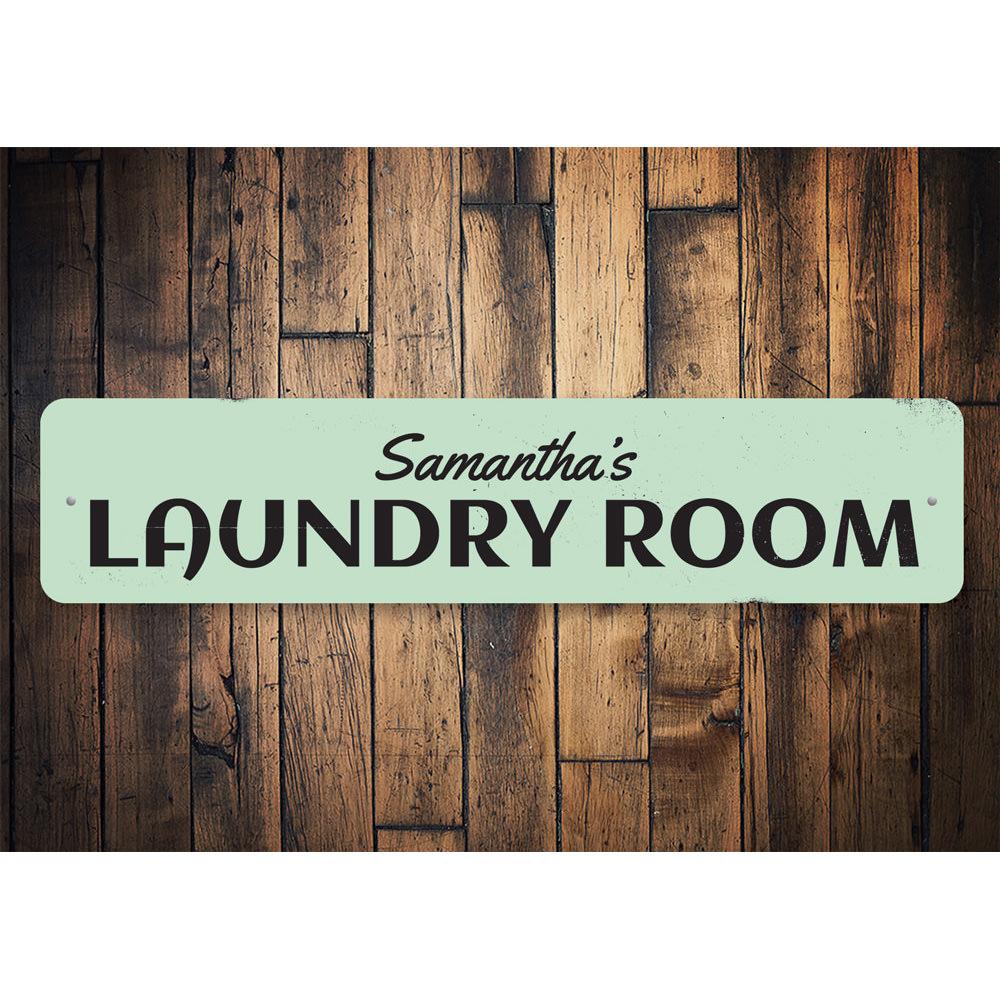 Personalized Laundry Room Name Sign made of high-quality aluminum, featuring customizable text and pre-drilled holes for easy mounting.
