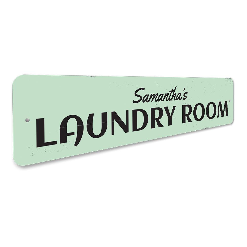 Personalized Laundry Room Name Sign made of high-quality aluminum, featuring customizable text and pre-drilled holes for easy mounting.