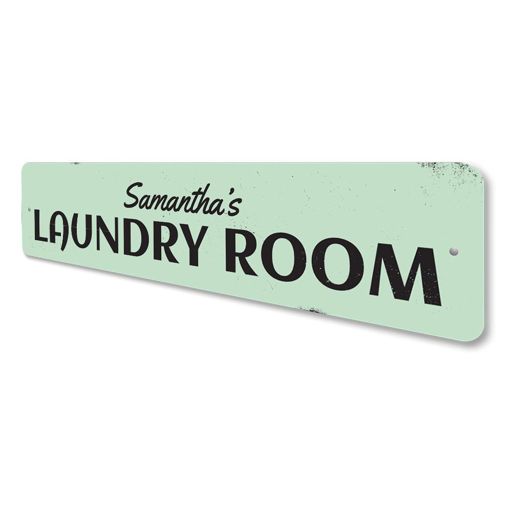 Personalized Laundry Room Name Sign made of high-quality aluminum, featuring customizable text and pre-drilled holes for easy mounting.