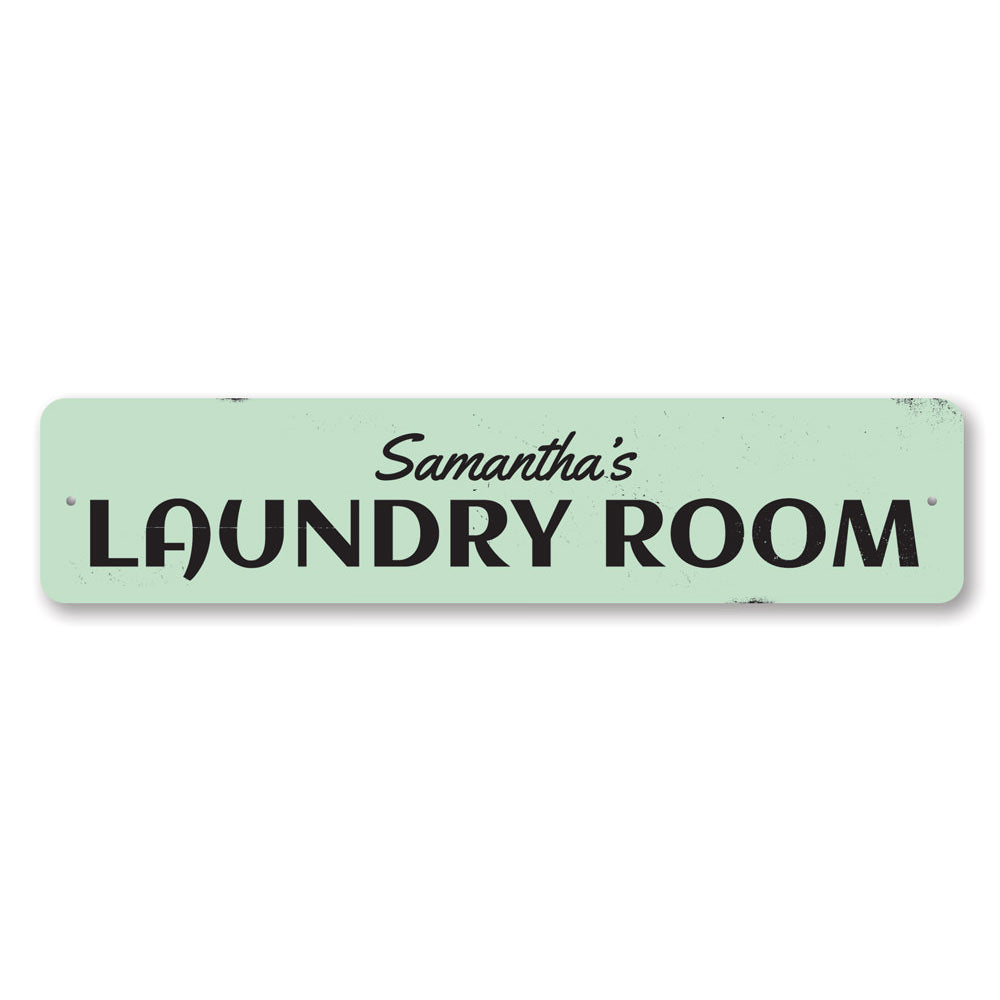 Personalized Laundry Room Name Sign made of high-quality aluminum, featuring customizable text and pre-drilled holes for easy mounting.
