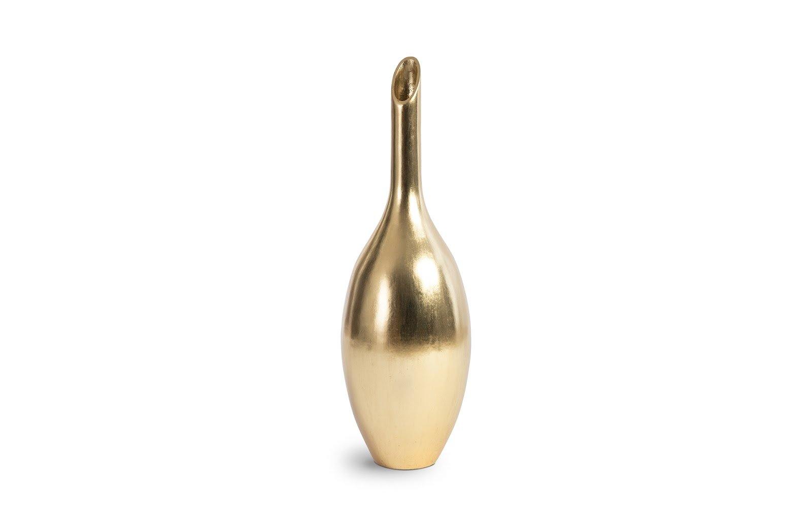 Laura Vase Gold Leaf, a tall resin vase with a luxurious gold leaf finish, perfect for floral arrangements and home decor.