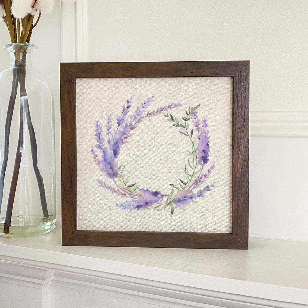 A beautifully framed Lavender Wreath sign with a stylized wood frame, featuring eco-friendly printing on a linen-look background.