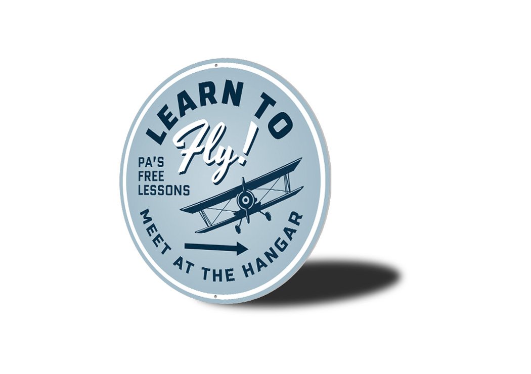 Customizable Learn to Fly Hangar Sign made from high-quality aluminum, featuring aviation-themed design, perfect for home decor.