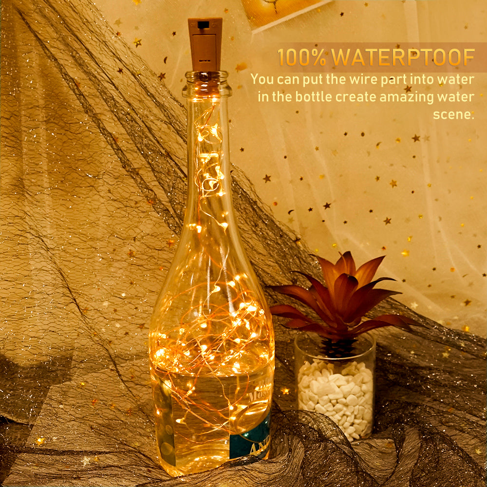 LED Copper Wire Lights in warm white, elegantly illuminating a glass bottle, showcasing a festive and cozy ambiance.