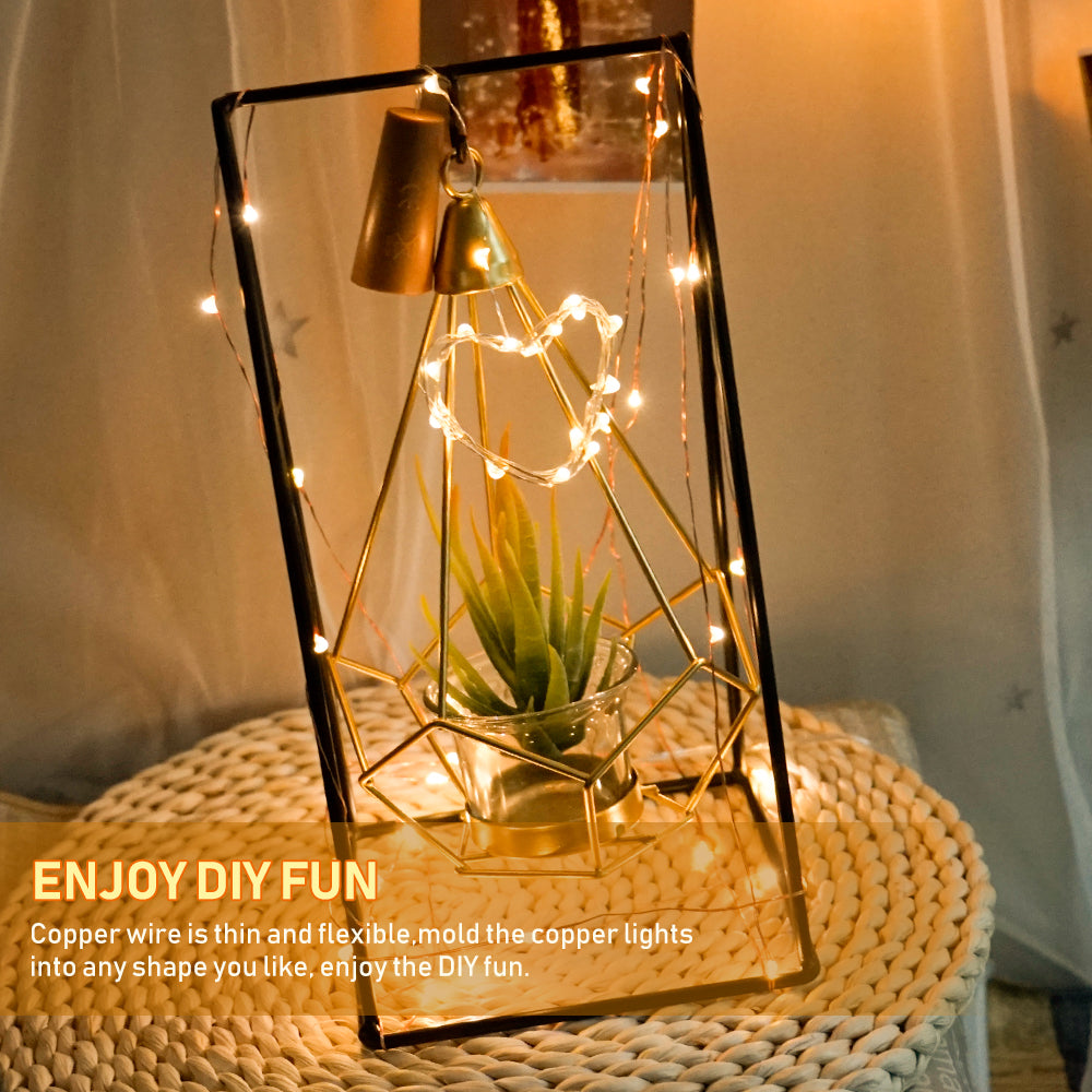 LED Copper Wire Lights in warm white, elegantly illuminating a glass bottle, showcasing a festive and cozy ambiance.