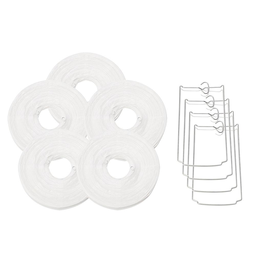 A set of colorful LED paper lantern lights hanging outdoors, illuminating a wedding venue with a warm glow.