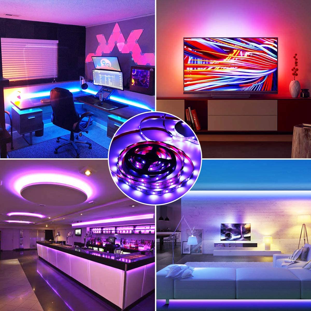 32.8 ft LED Strip Lights with 300 RGB LEDs, waterproof and flexible for home decoration.