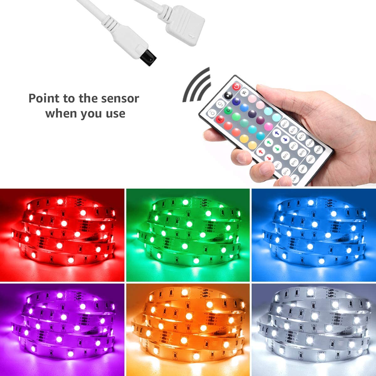 32.8 ft LED Strip Lights with 300 RGB LEDs, waterproof and flexible for home decoration.