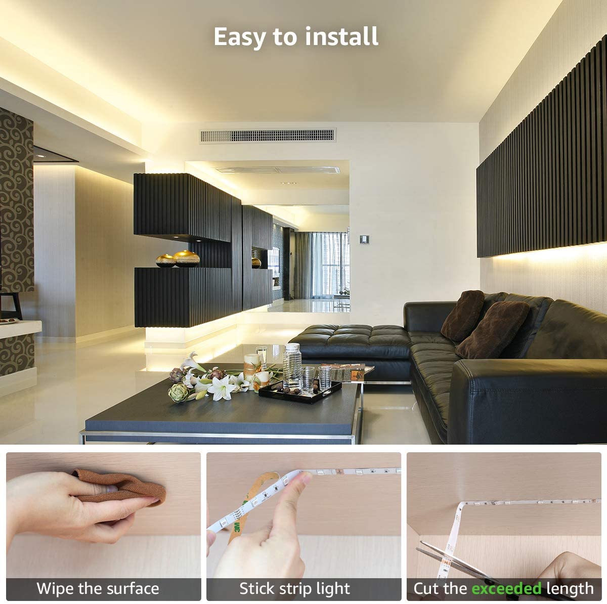 32.8 ft LED Strip Lights with 300 RGB LEDs, waterproof and flexible for home decoration.