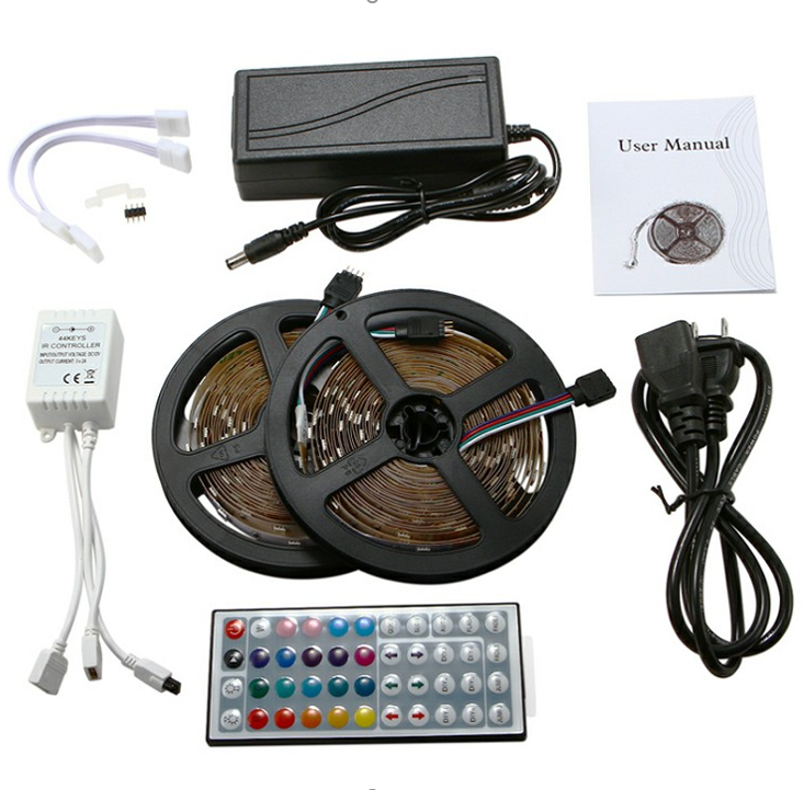 32.8 ft LED Strip Lights with 300 RGB LEDs, waterproof and flexible for home decoration.