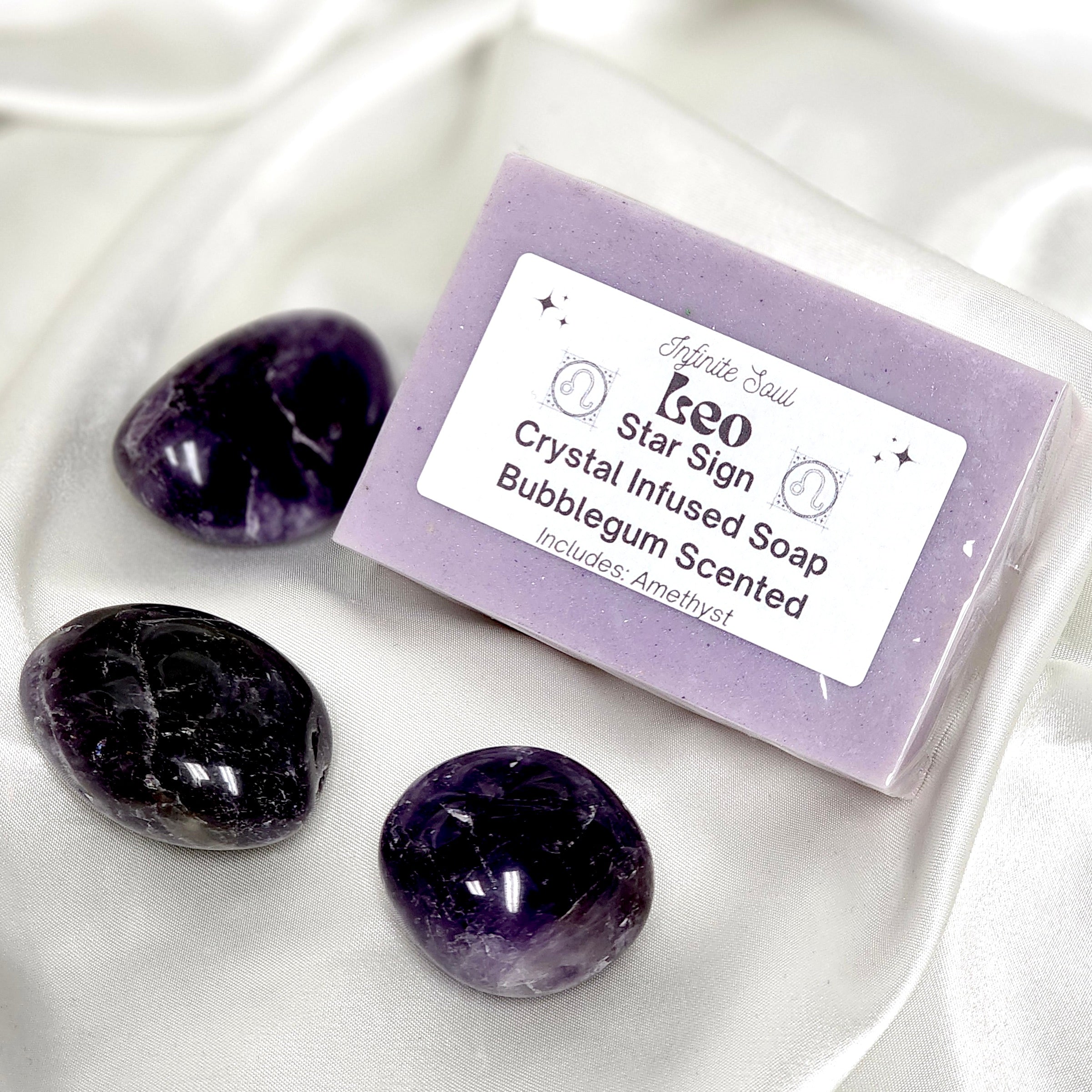 Leo Star Sign Crystal Infused Soap with Amethyst, featuring a vibrant bubblegum scent and handmade with natural ingredients.
