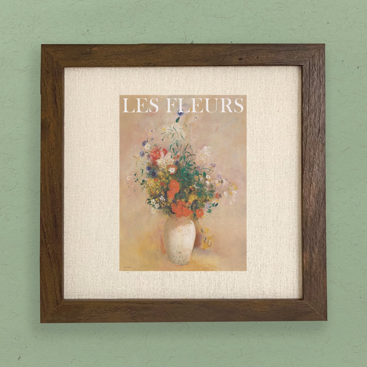 Les Fleurs Framed Sign featuring a stylized wood frame in walnut or white-washed finish, with eco-friendly printed floral design on a linen-look background.