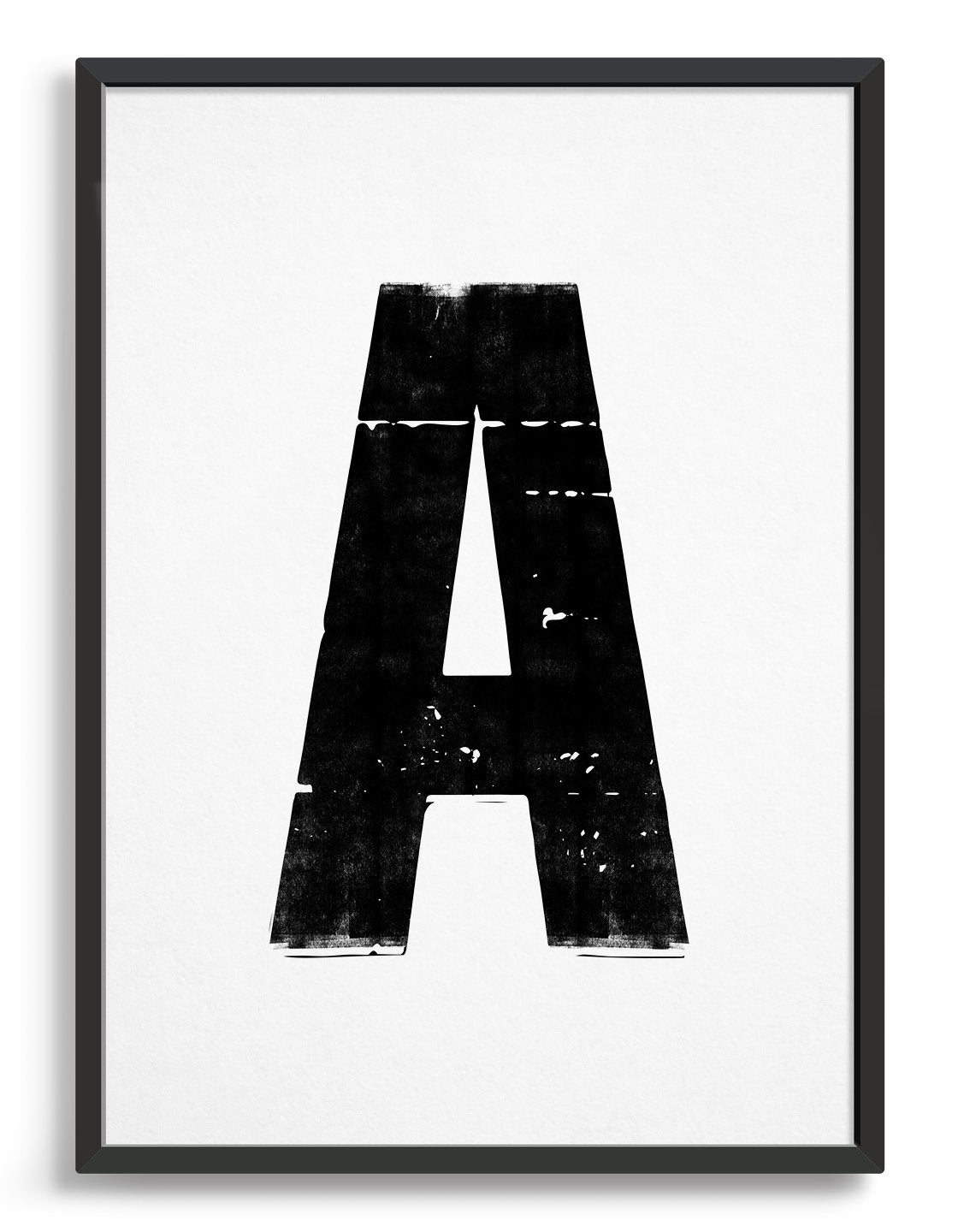 A stylish black and white Letterpress alphabet poster featuring a customizable letter, perfect for modern home decor.