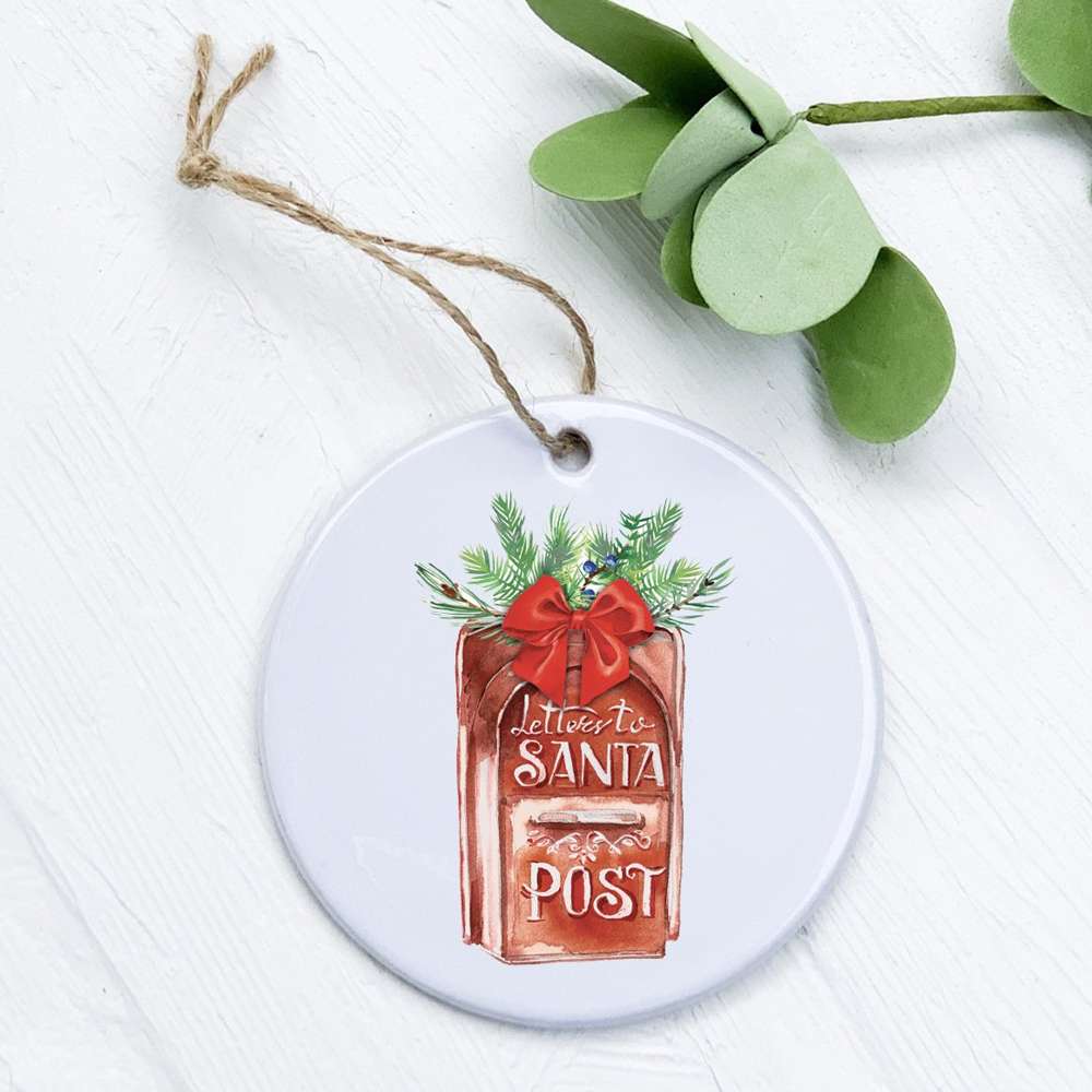 A beautifully crafted porcelain ornament shaped like a mailbox, featuring a festive design for letters to Santa, perfect for holiday decor.