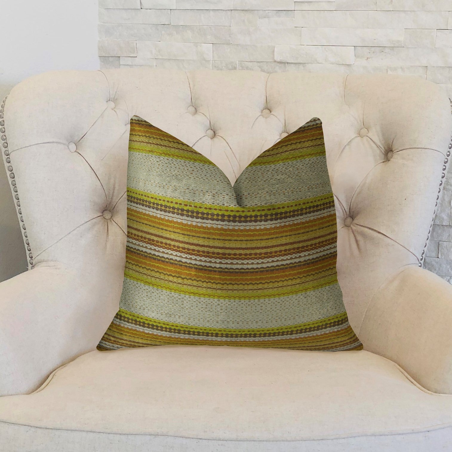 Lexington Park cream green and brown handmade luxury pillow with striped pattern and invisible zipper, showcasing elegant design and quality craftsmanship.