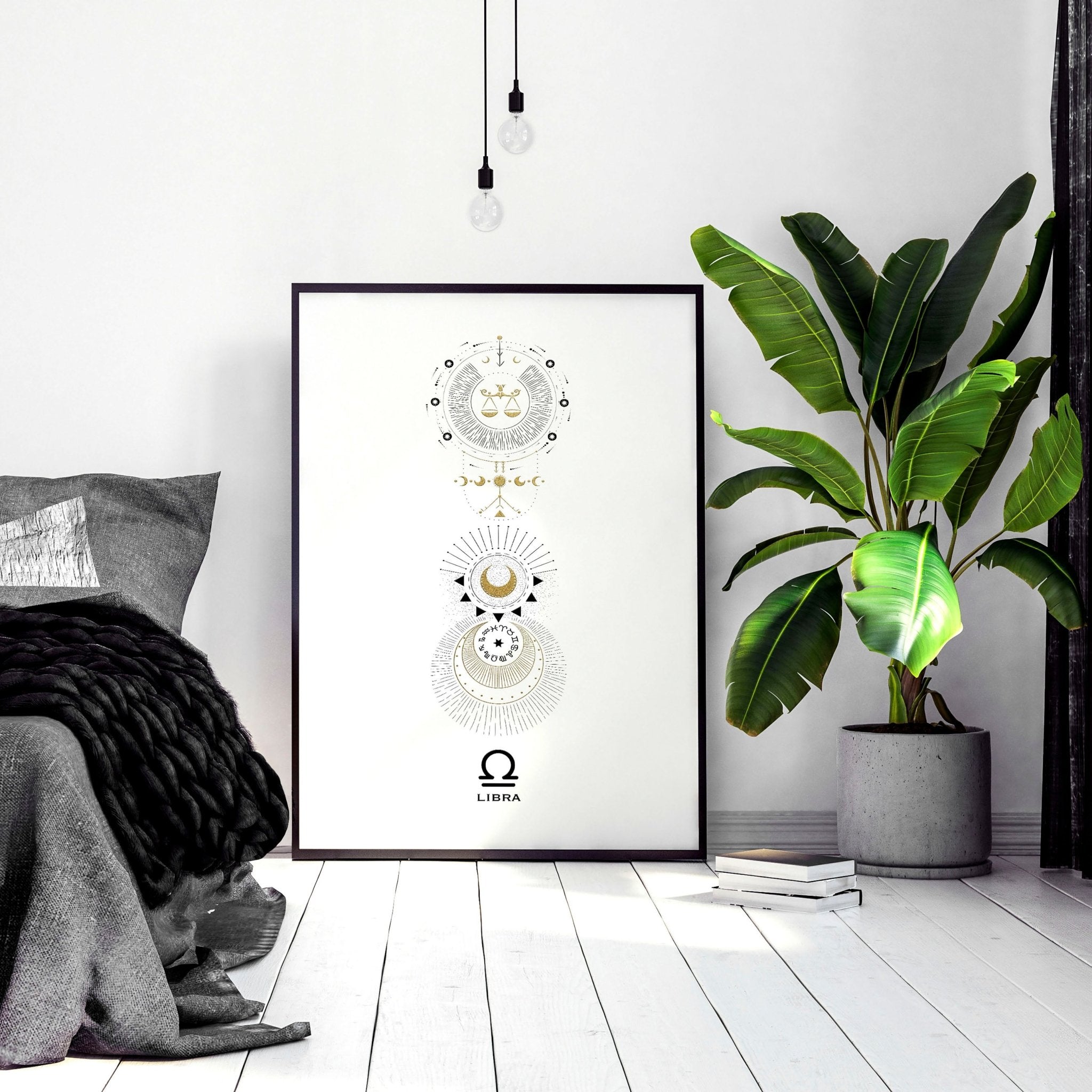 Libra wall art print featuring the zodiac symbol in white, black, and gold colors, showcasing intricate design and premium quality.