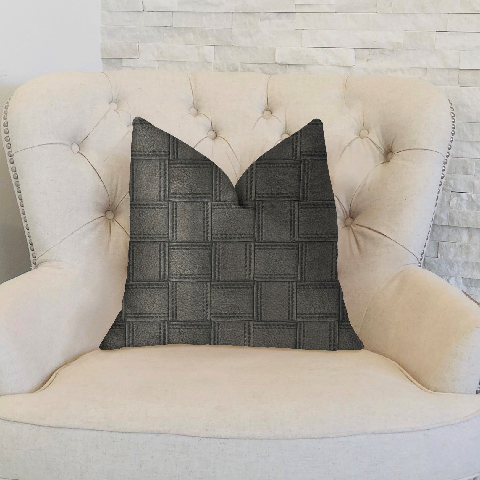 Luxurious licorice black artificial leather throw pillow with checkered pattern and invisible zipper, handmade in the USA.