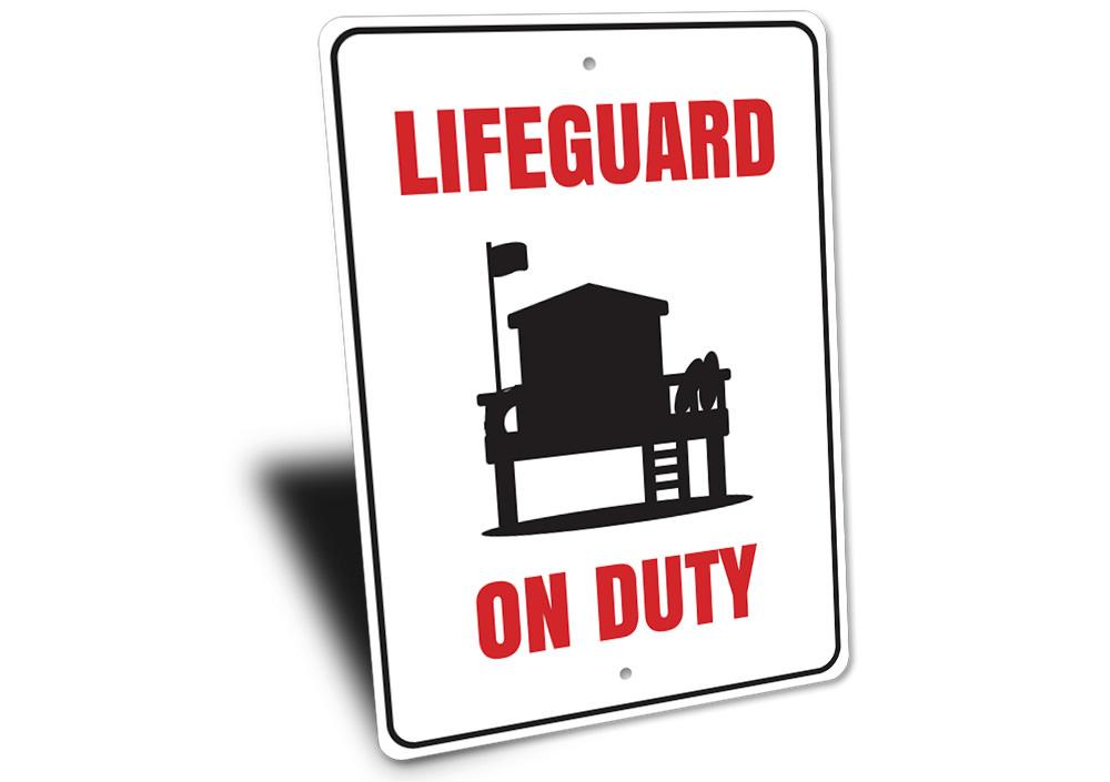 Lifeguard on Duty sign made of high-quality aluminum, featuring vibrant colors and a beach-themed design, perfect for coastal decor.