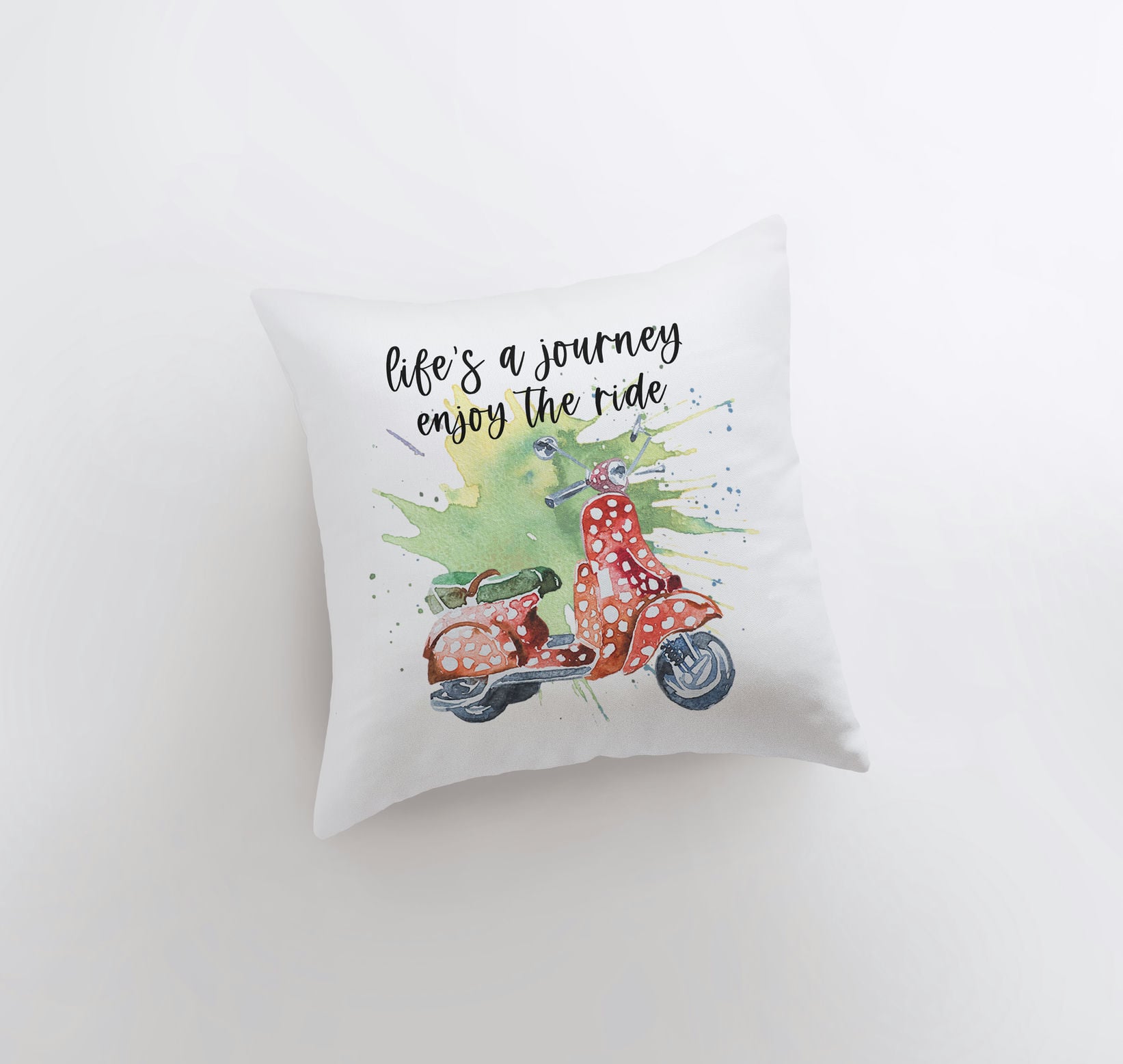 Life's a Journey pillow cover featuring an inspirational travel quote on a white background, handmade in America.