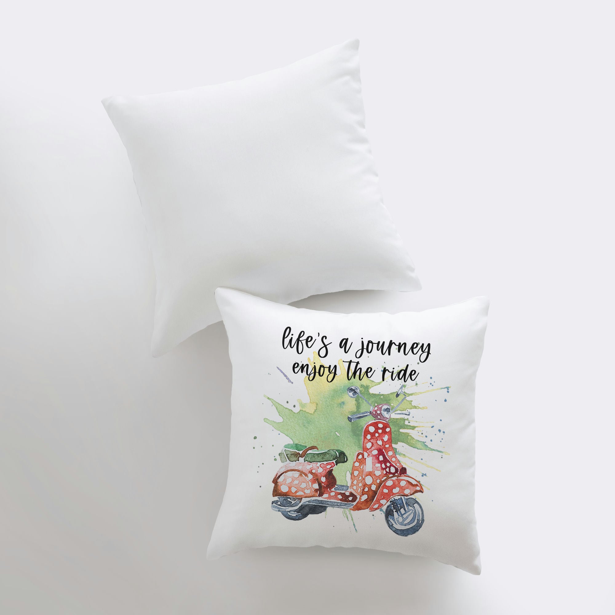 Life's a Journey pillow cover featuring an inspirational travel quote on a white background, handmade in America.