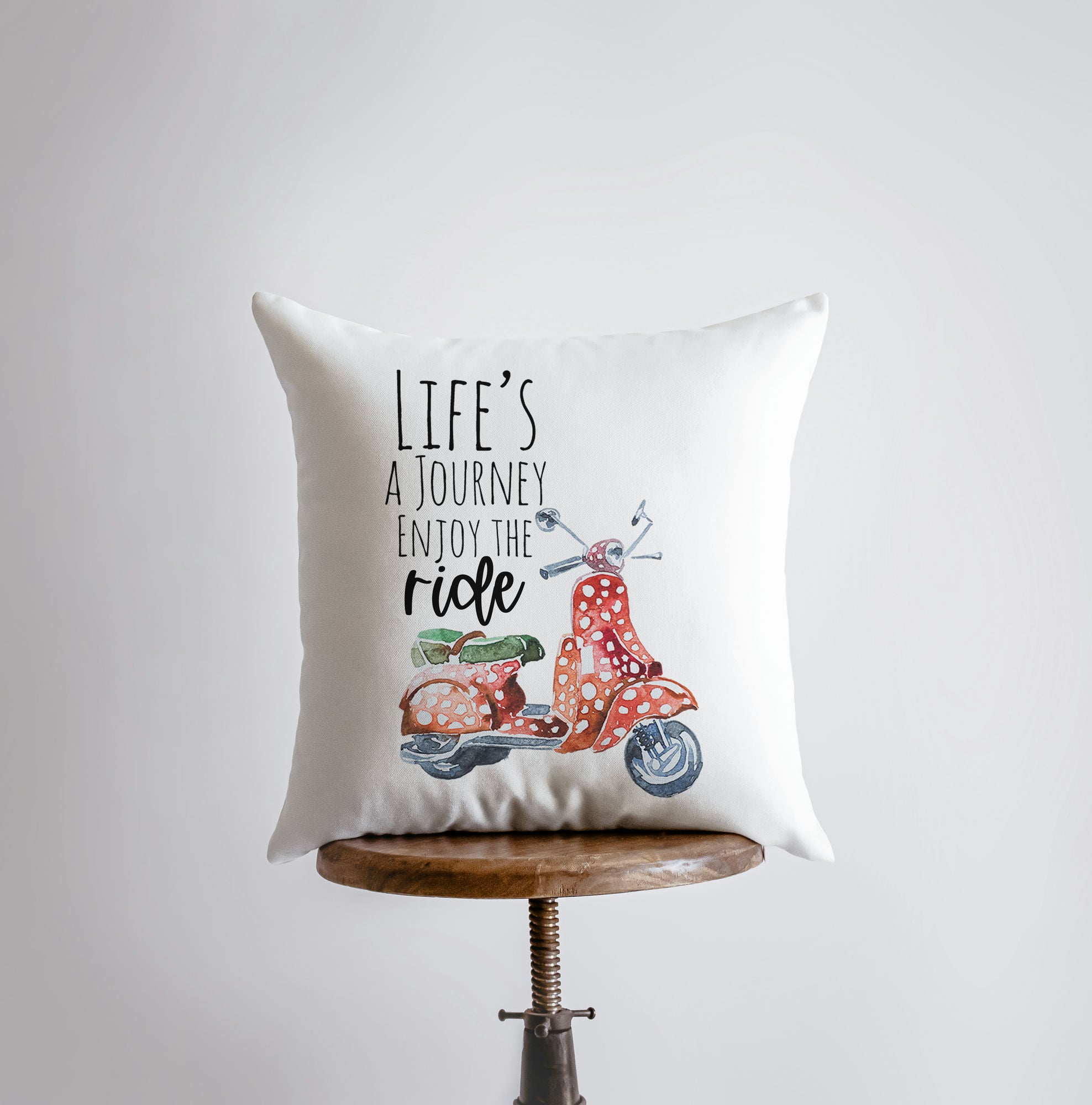 Handmade Life's a Journey pillow cover featuring a travel quote on a white background, showcasing a concealed zipper and durable fabric.