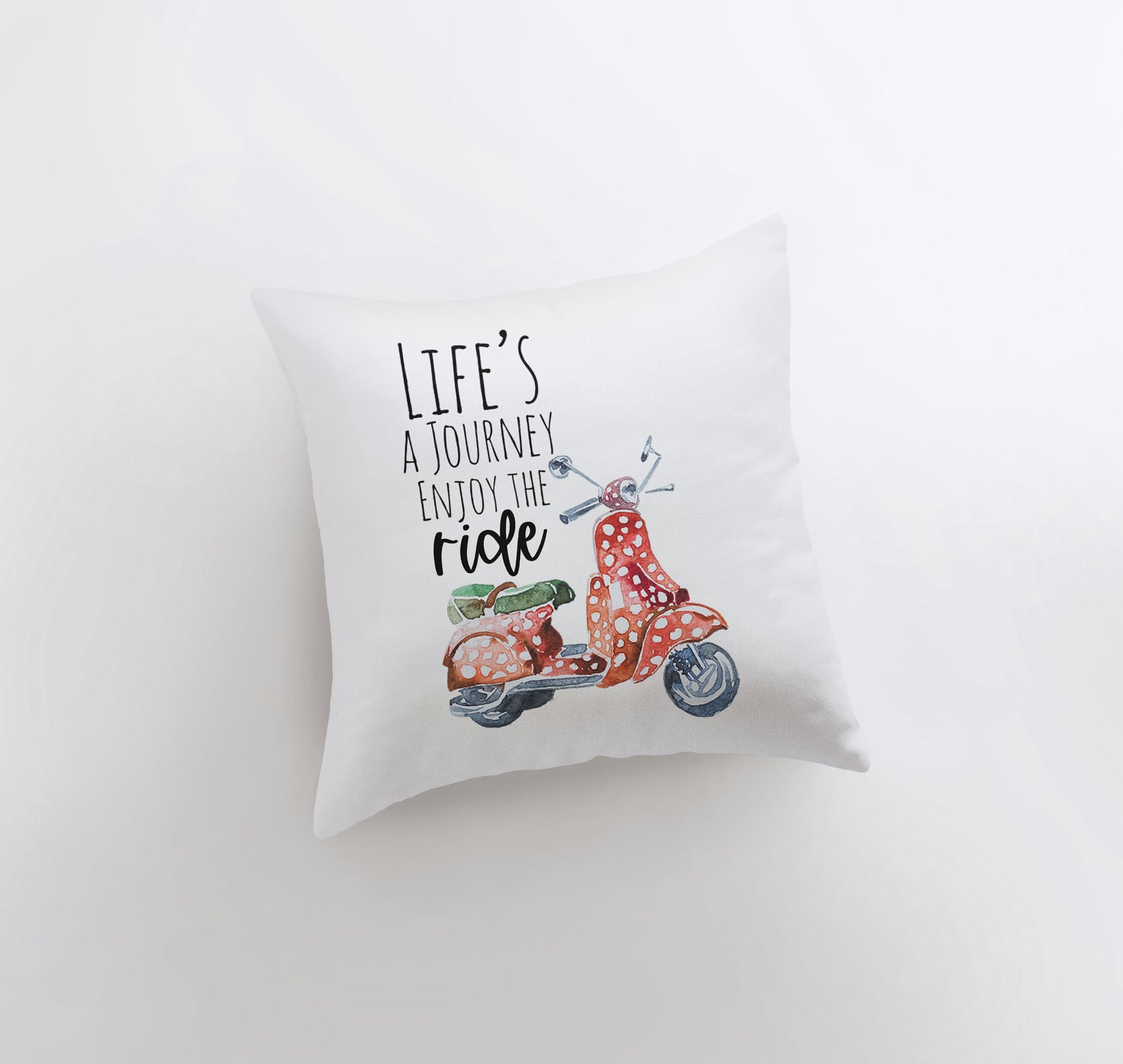 Handmade Life's a Journey pillow cover featuring a travel quote on a white background, showcasing a concealed zipper and durable fabric.