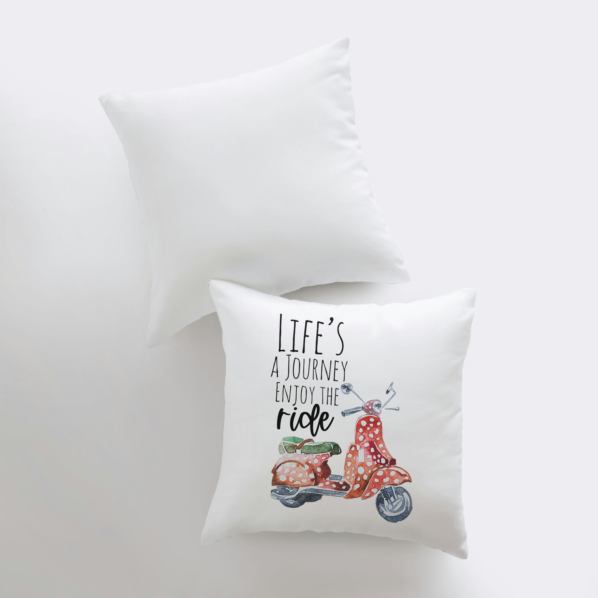 Handmade Life's a Journey pillow cover featuring a travel quote on a white background, showcasing a concealed zipper and durable fabric.