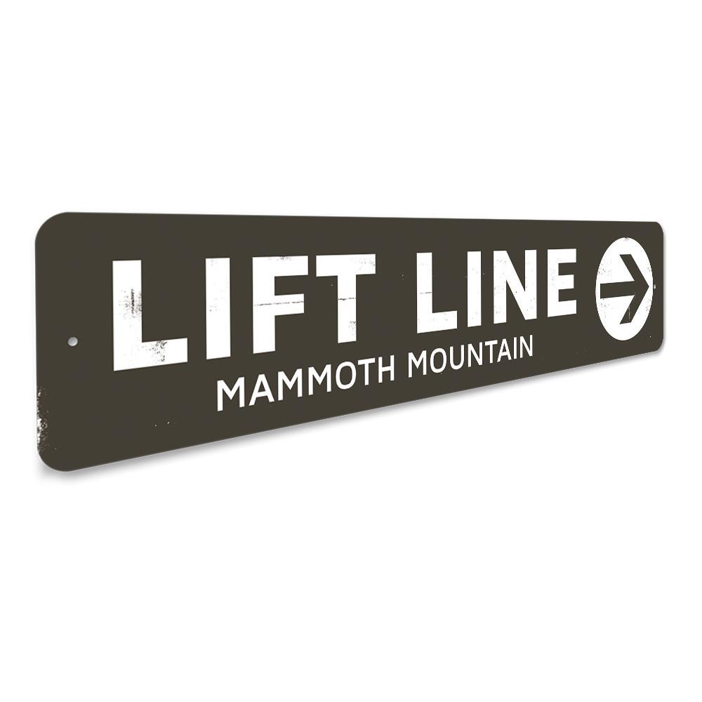 Lift Line Arrow Sign made of durable aluminum, featuring a ski-themed design perfect for home or lodge decor.