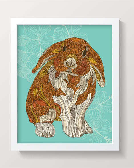 A charming archival art print of a little bunny, featuring original pen and ink artwork with vibrant digital coloring on matte cardstock.