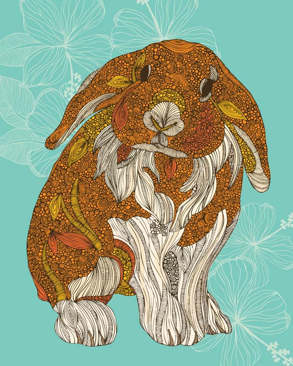 A charming archival art print of a little bunny, featuring original pen and ink artwork with vibrant digital coloring on matte cardstock.