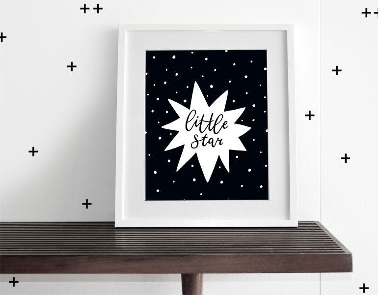 Little Star Wall Art featuring a modern design, printed on heavyweight high-gloss paper with a white matte, perfect for nursery decor.