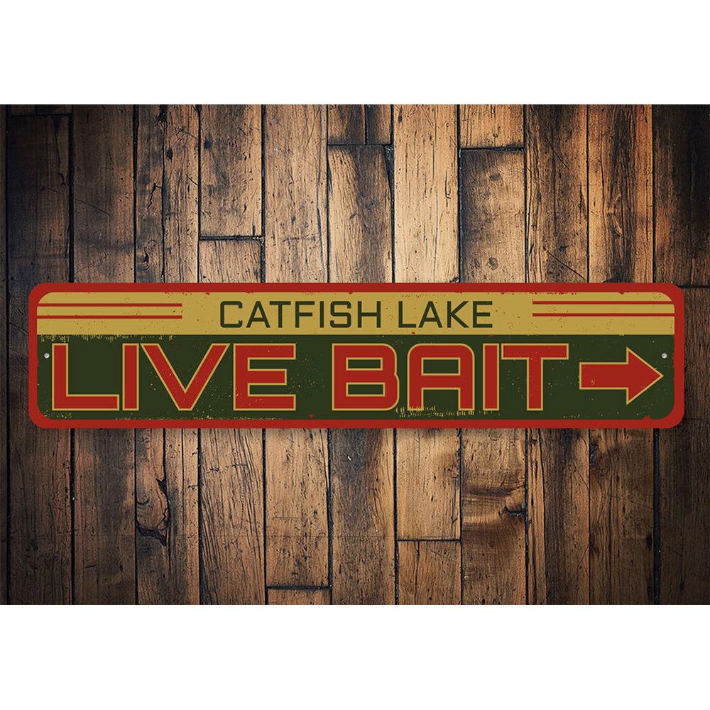 A decorative Live Bait Lake Sign made of high-quality aluminum, featuring customizable text, perfect for lakehouse decor.