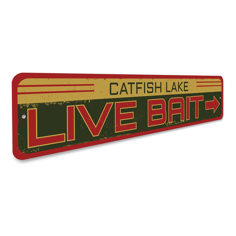 A decorative Live Bait Lake Sign made of high-quality aluminum, featuring customizable text, perfect for lakehouse decor.