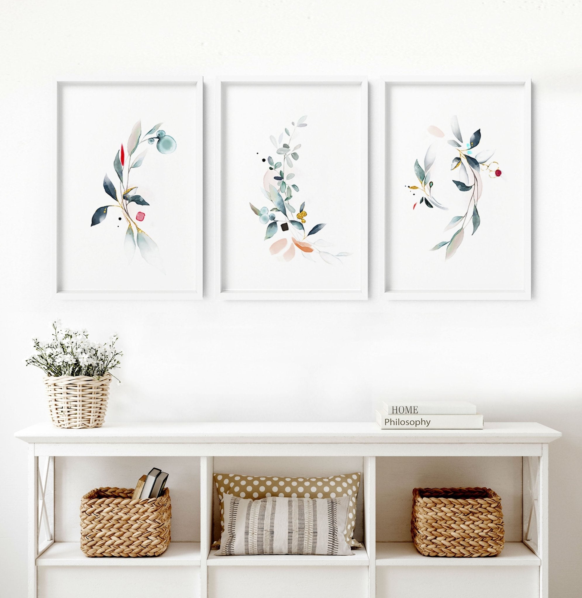 Set of 3 wall art prints featuring Watercolour Botanicals in Aqua and Teal tones, perfect for living room decor.