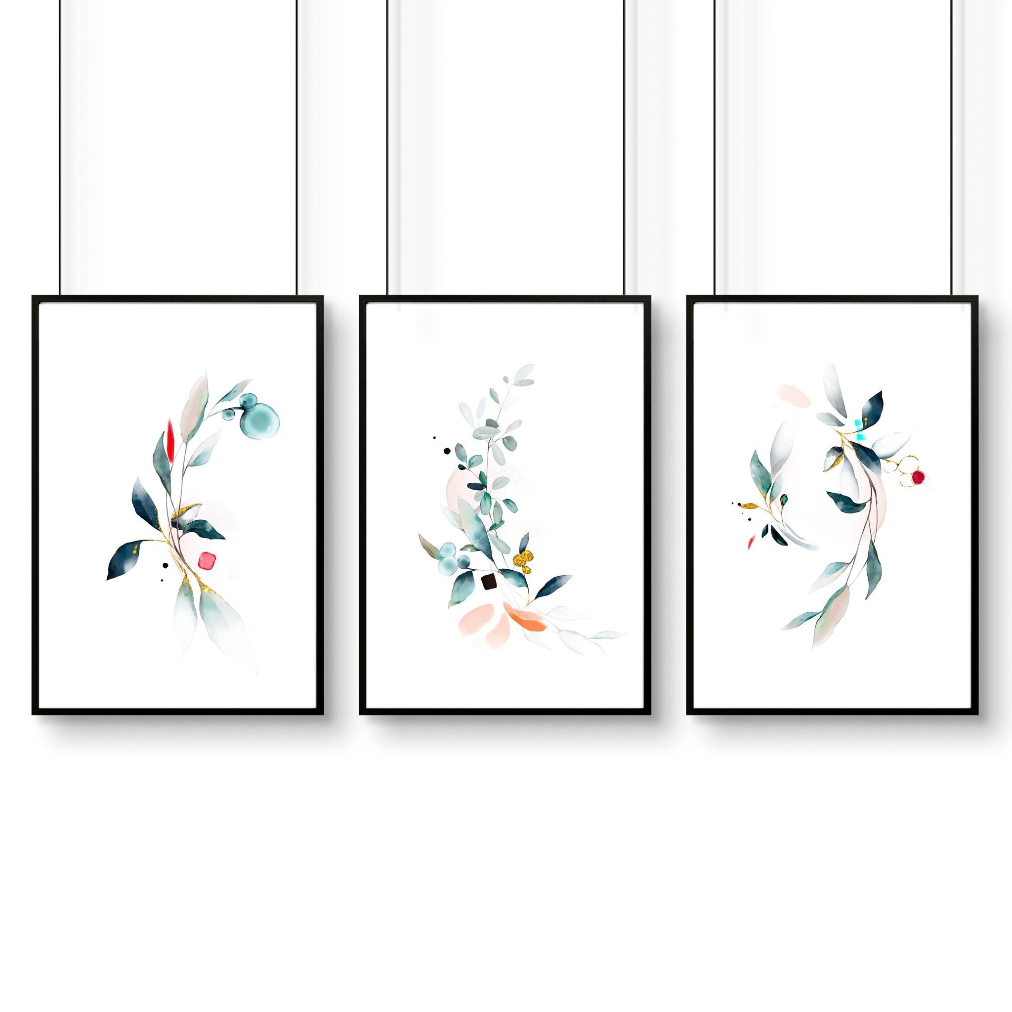 Set of 3 wall art prints featuring Watercolour Botanicals in Aqua and Teal tones, perfect for living room decor.