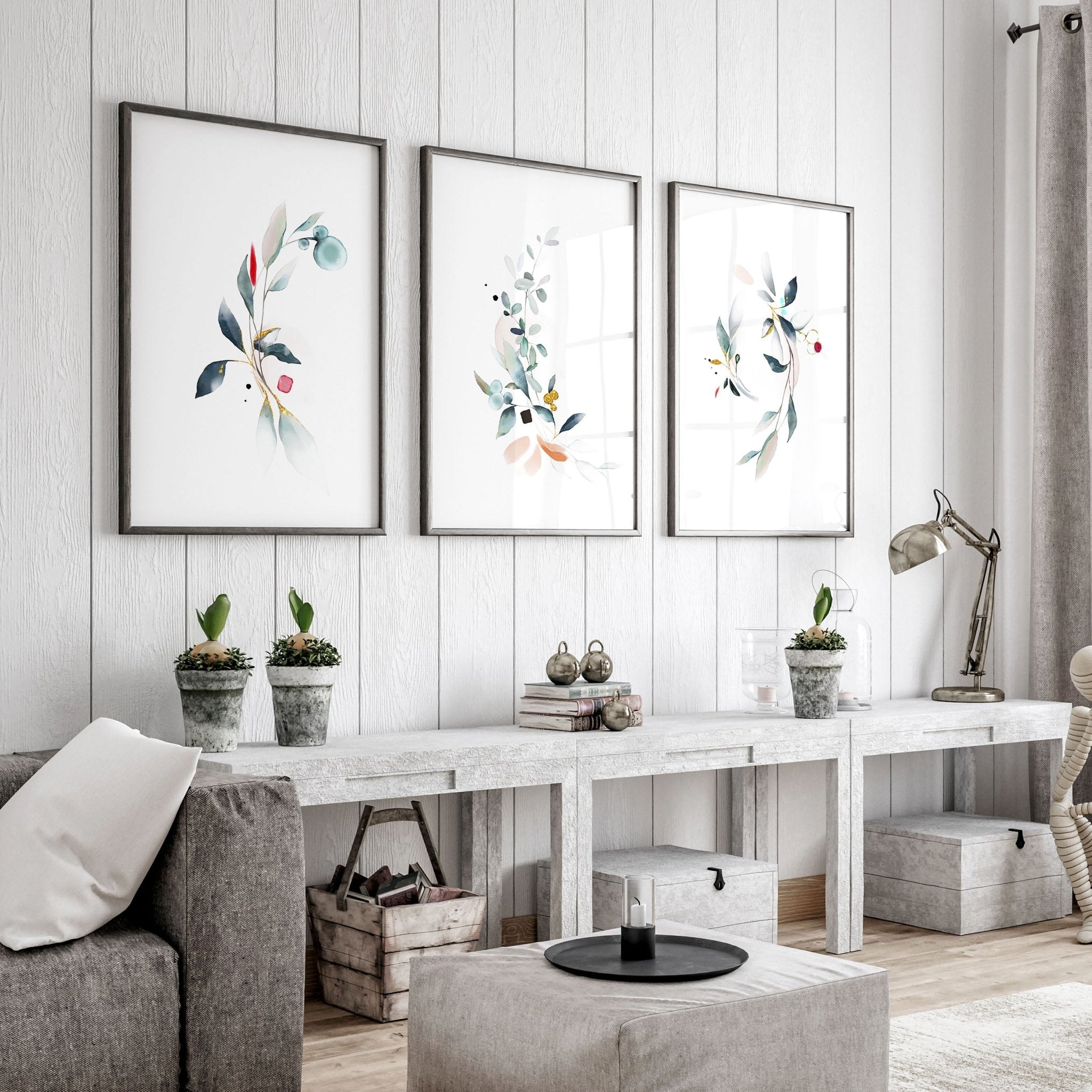 Set of 3 wall art prints featuring Watercolour Botanicals in Aqua and Teal tones, perfect for living room decor.