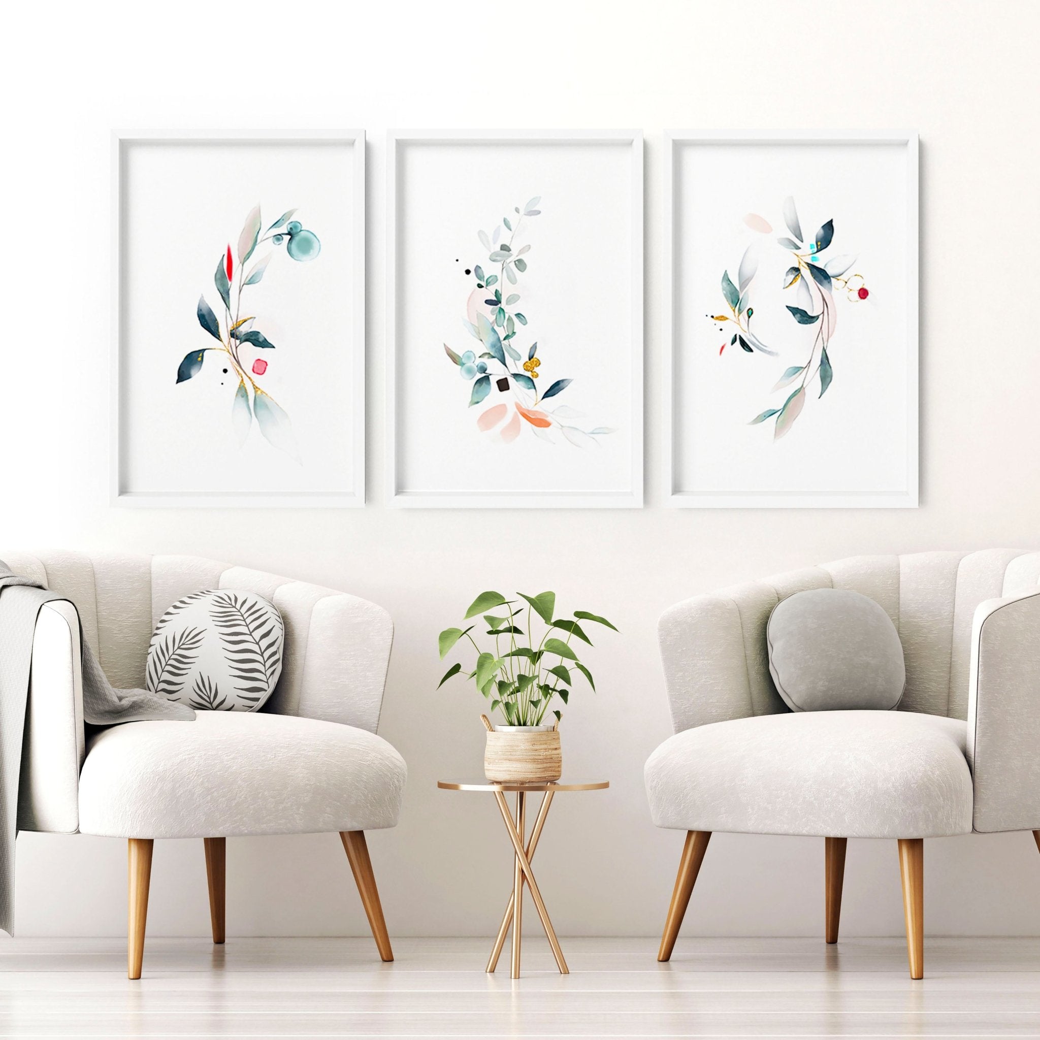Set of 3 wall art prints featuring Watercolour Botanicals in Aqua and Teal tones, perfect for living room decor.