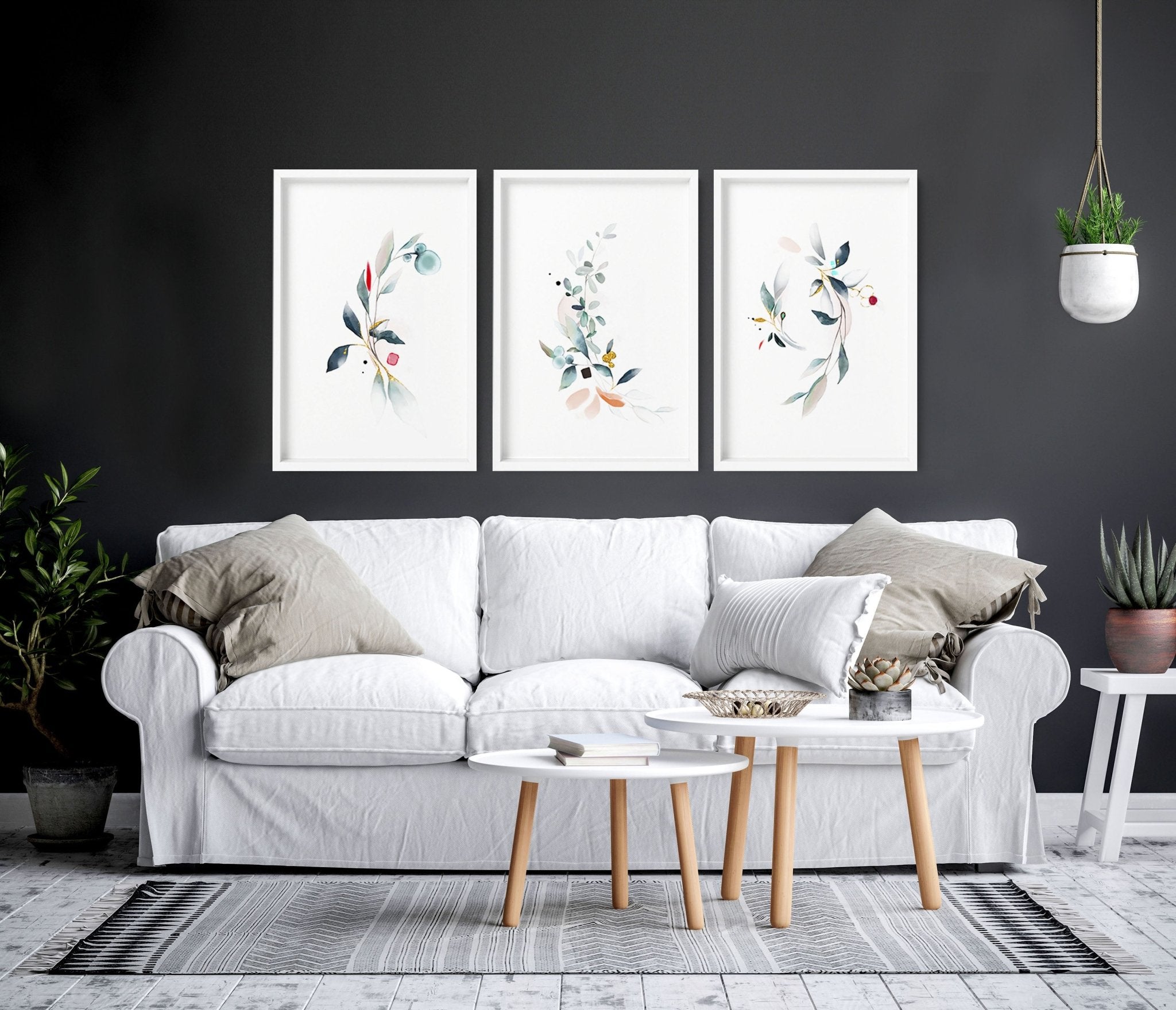 Set of 3 wall art prints featuring Watercolour Botanicals in Aqua and Teal tones, perfect for living room decor.